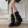 Fashion Retro Women Pleated Pipe Thick Heel Autumn Winter Belt Buckle Mid Calf Booties for Adult Women