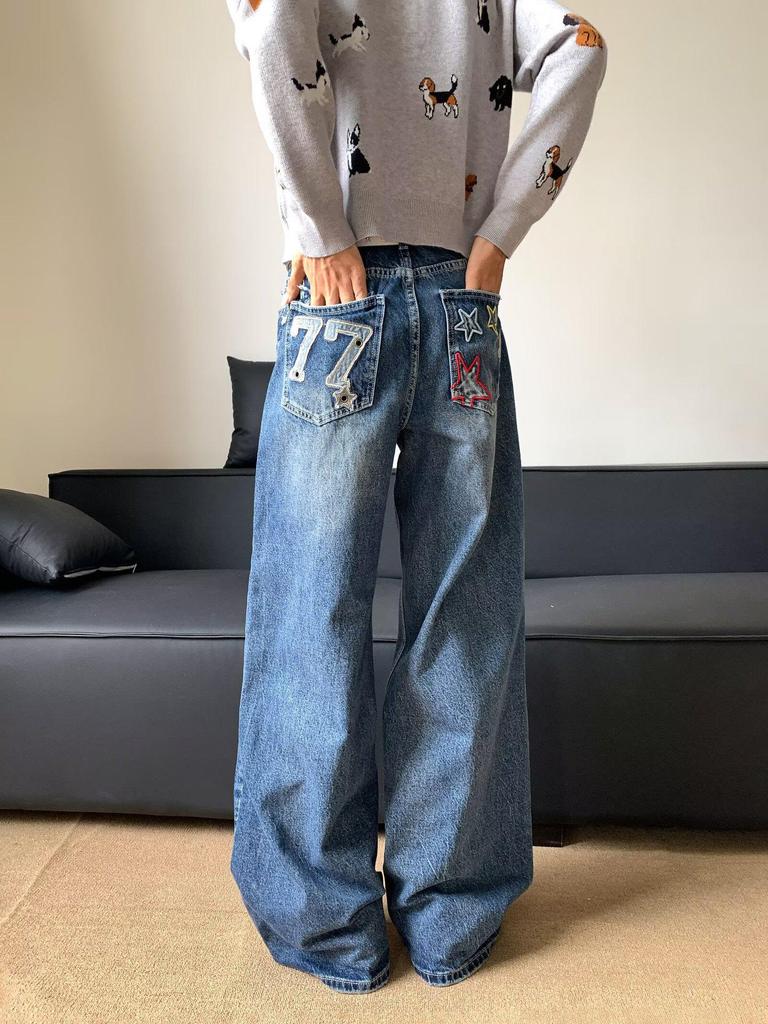 Jeans pour hommes automne coupe ample brodés d'étoiles jambes larges