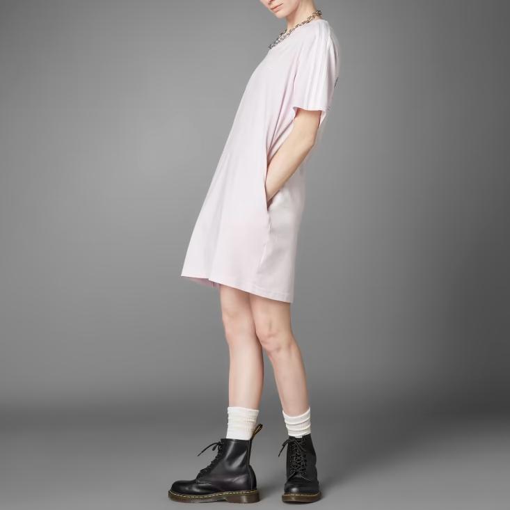 Adidas Trefoil Solid Color Logo Embroidered V-Neck Short Sleeve Dress Women dresses Pink HT4948