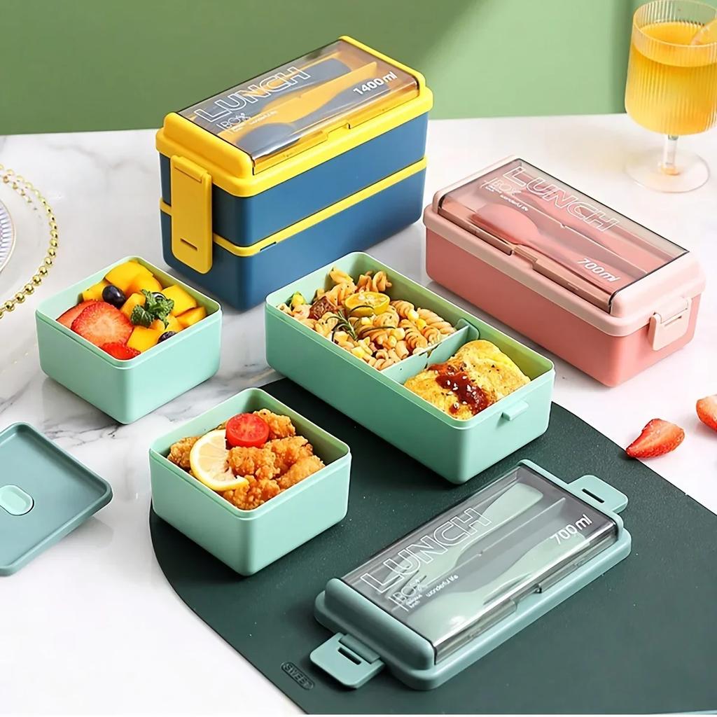 1pc-Lunch Box Thickened Plastic Divided Compartment Double Layer Meal Box Office Worker Bento Box Microwave Oven Available