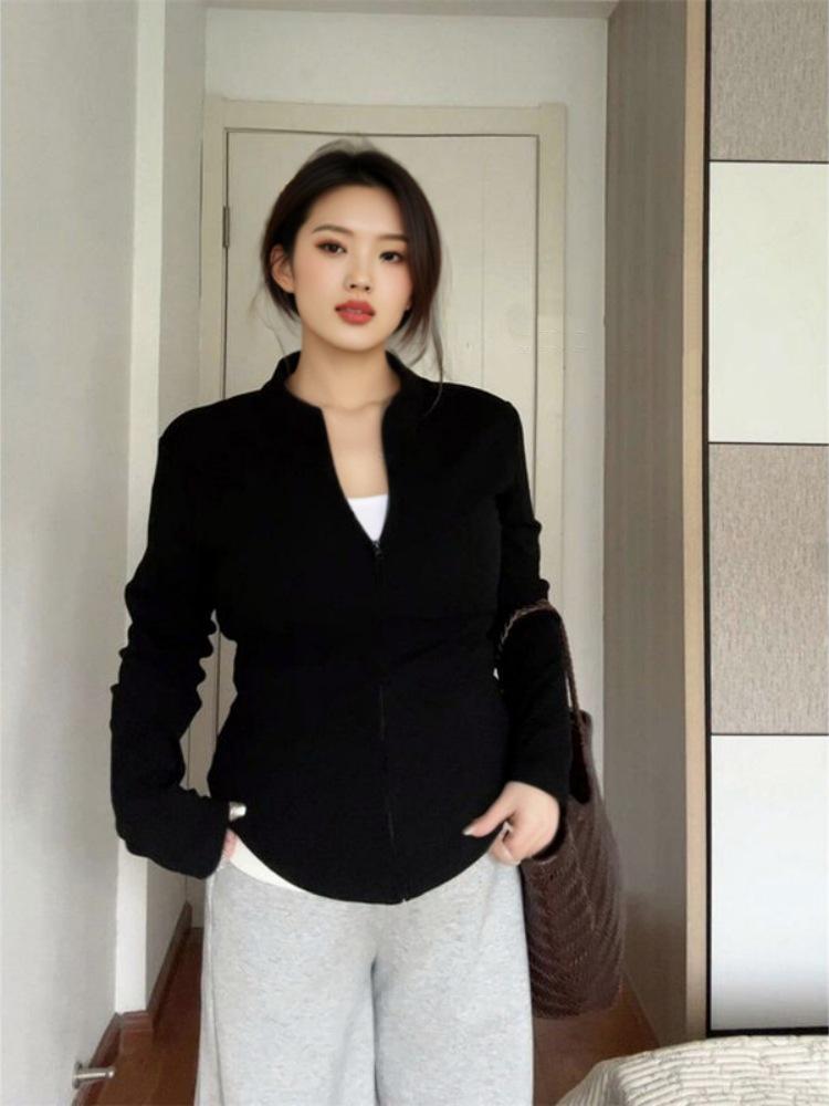 

Korean Plus Size Zipper Cardigan with Half-High Collar for Women - Autumn/Winter Slimming Elastic Long Sleeve Top XXL чёрный