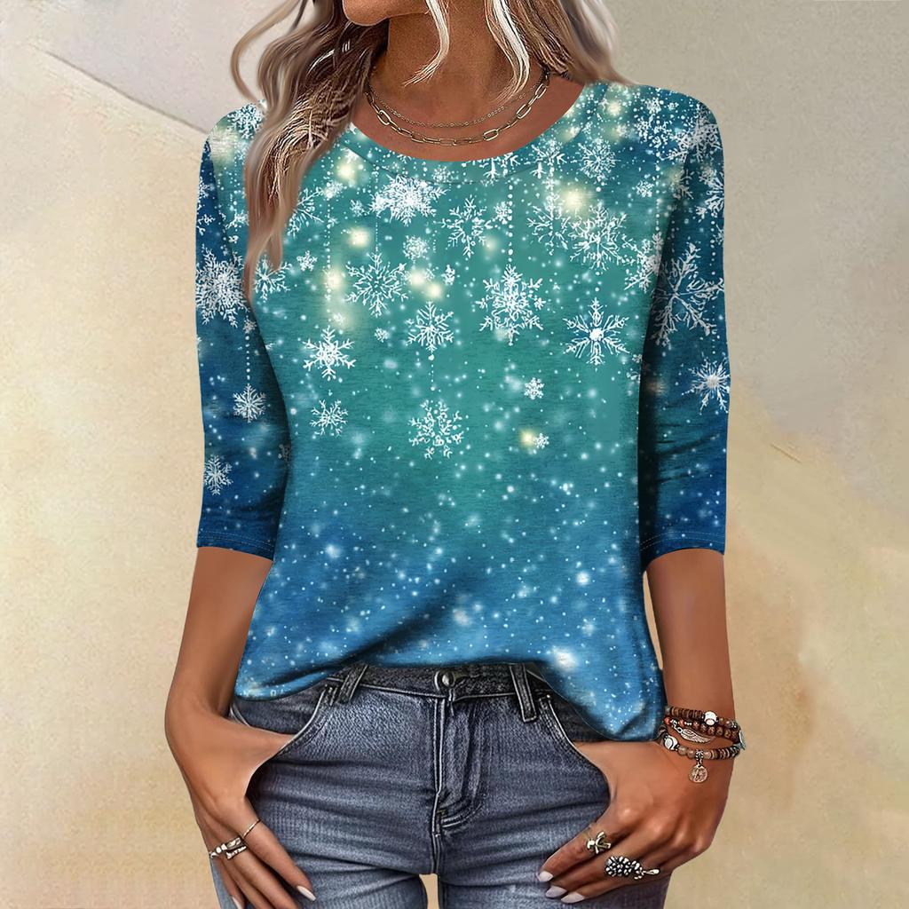 Women's Fashion Casual Christmas Tree Printed Round Neck Three-Quarter Sleeve T-Shirt Top