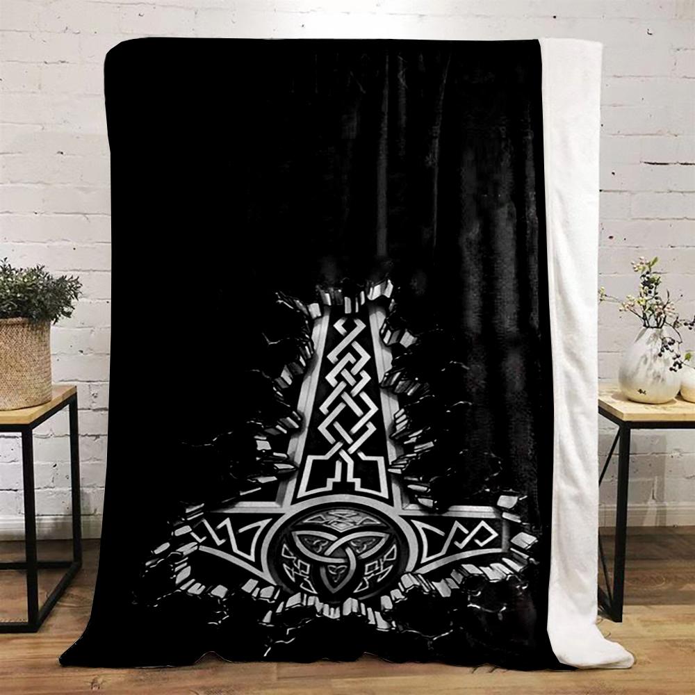 Thor's Hammer with Nordic Patterns Printed Flannel Blanket for Bedroom, Living Room, Sofa, and Nap