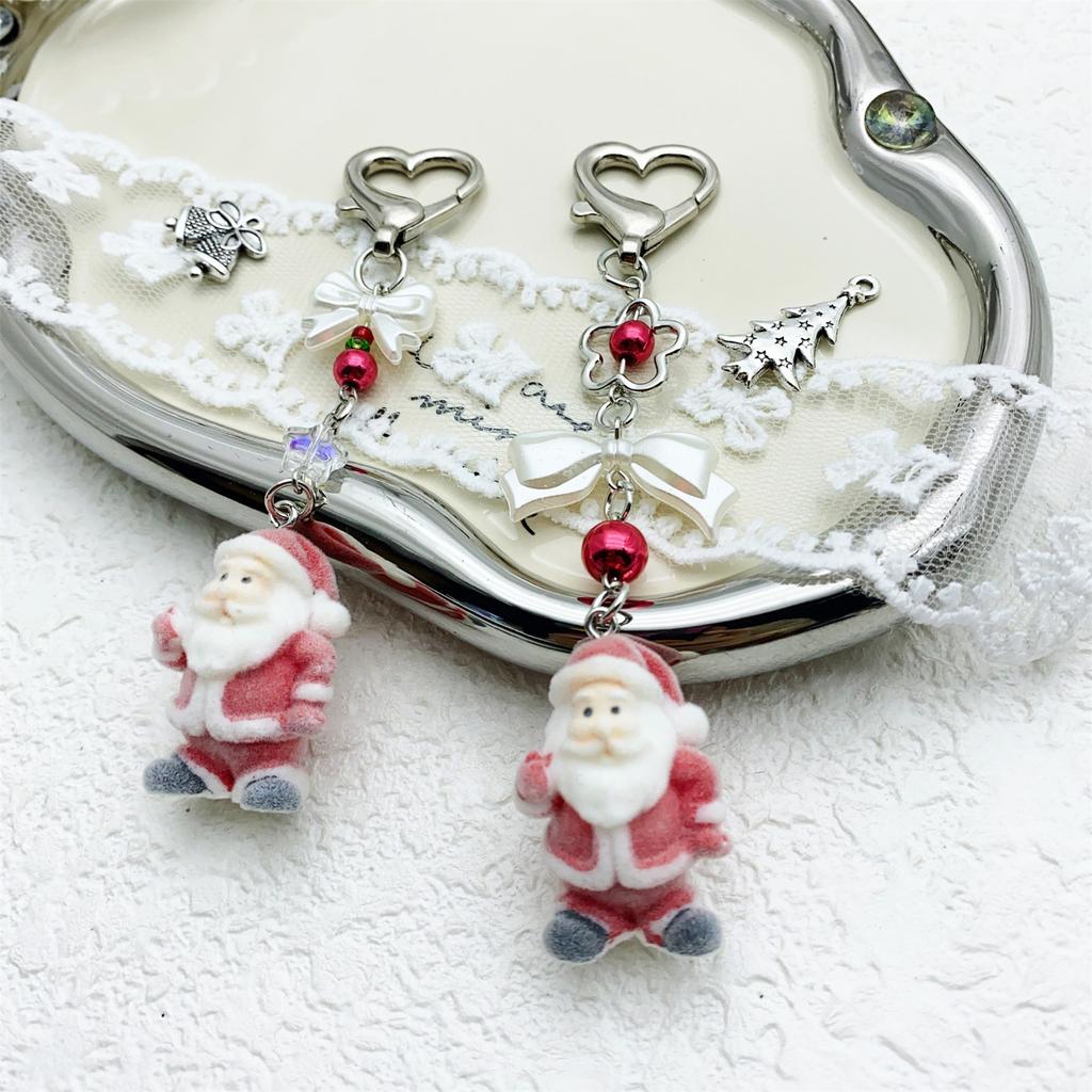 Fashionable Christmas Santa Claus Flocking Keychain With Star Bowknot Soft Plush Charm Accessory for Bags and Phones