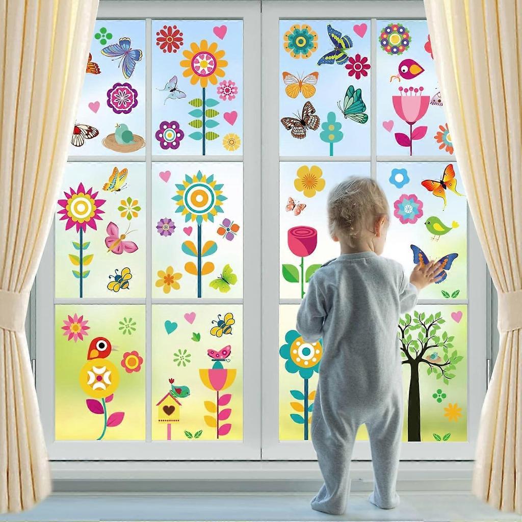 148 Pcs Spring Summer Window Stickers, 9 Sheets Flower Butterfly Tree Sunflower Window Stickers Window Decals for Glass for Summer Spring Decoration H