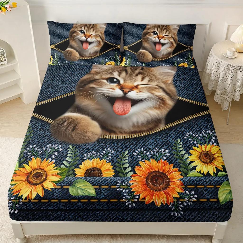 Urocze Koty Prześcieradło z Gumką, Koty Arkusze do Łóżka dla Dzieci Chłopców Dziewczynek Kawaii Zwierzę Zestaw do Łóżka Miękkie Trwałe Prześcieradła Pojedynczy Rozmiar
