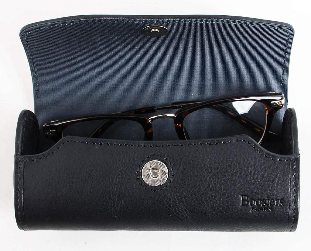 Boosters Minerva Box Hard Eyeglass Case, Genuine Leather, Stylish, Large Size, Sunglasses Case, Reading Glasses Case, Navy