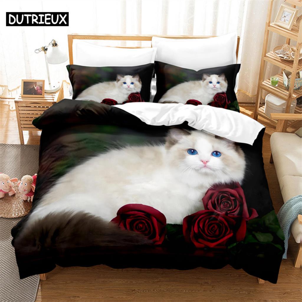 Comforter Cat Flowers Queen Bedding Set Pink Bedding Digital Printing King Size Bedding Sets