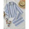 Blue and white striped casual long-sleeved trousers suit, women's fresh holiday style shirt, wide-leg pants two-piece set