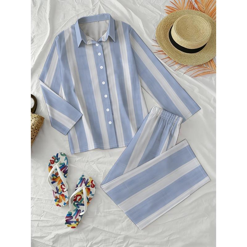 Blue and white striped casual long-sleeved trousers suit, women's fresh holiday style shirt, wide-leg pants two-piece set