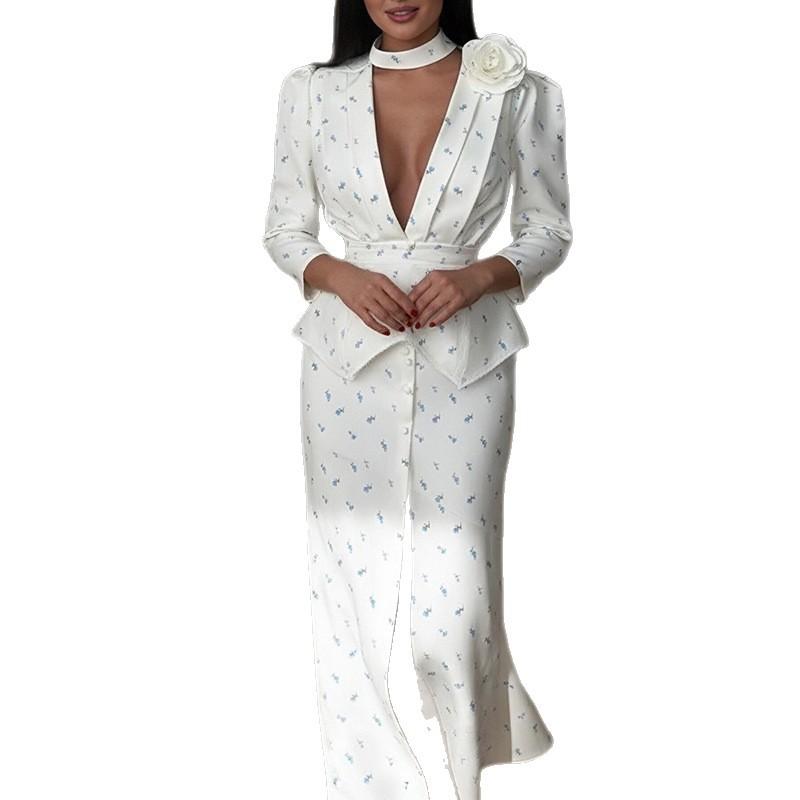 2026 spring new women's clothing, cross-border Amazon Europe and the United States, fashionable and elegant commuter printed V-neck dress set