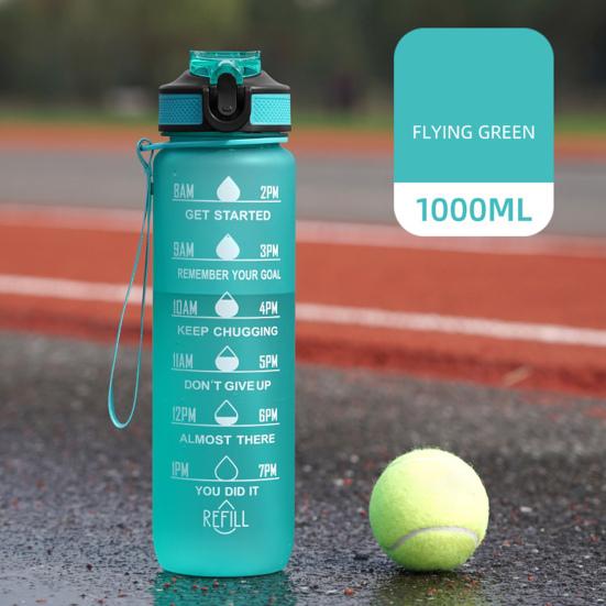 1000ml Wasserbecher Lebensmittelqualität Auslaufsicher Große Kapazität mit Zeitmarkierung Trageband-Design Staubdicht Motivierende Sport-Wasserflasche mit Strohhalm Büro