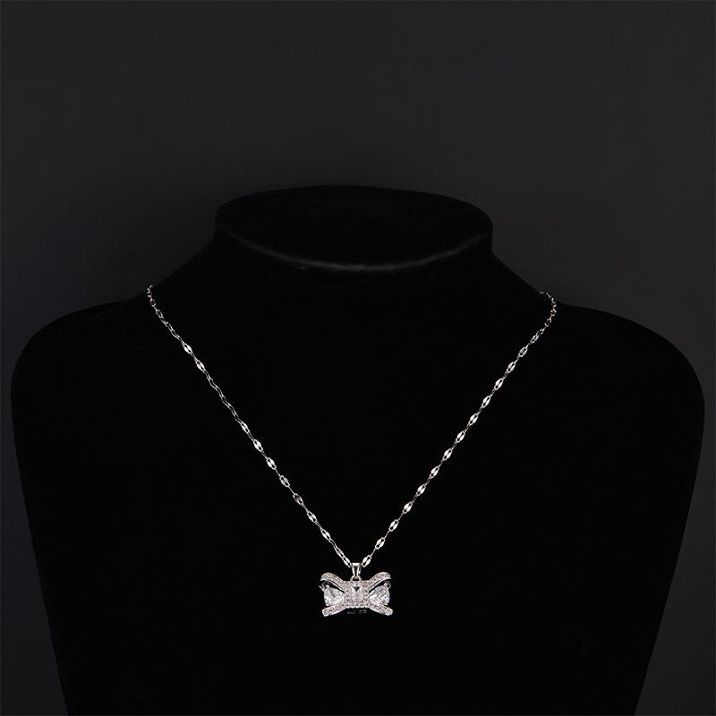 Higan Flower Bow Necklace Women'S Light Luxury Simple Versatile Zircon Pendant Same Neck Chain
