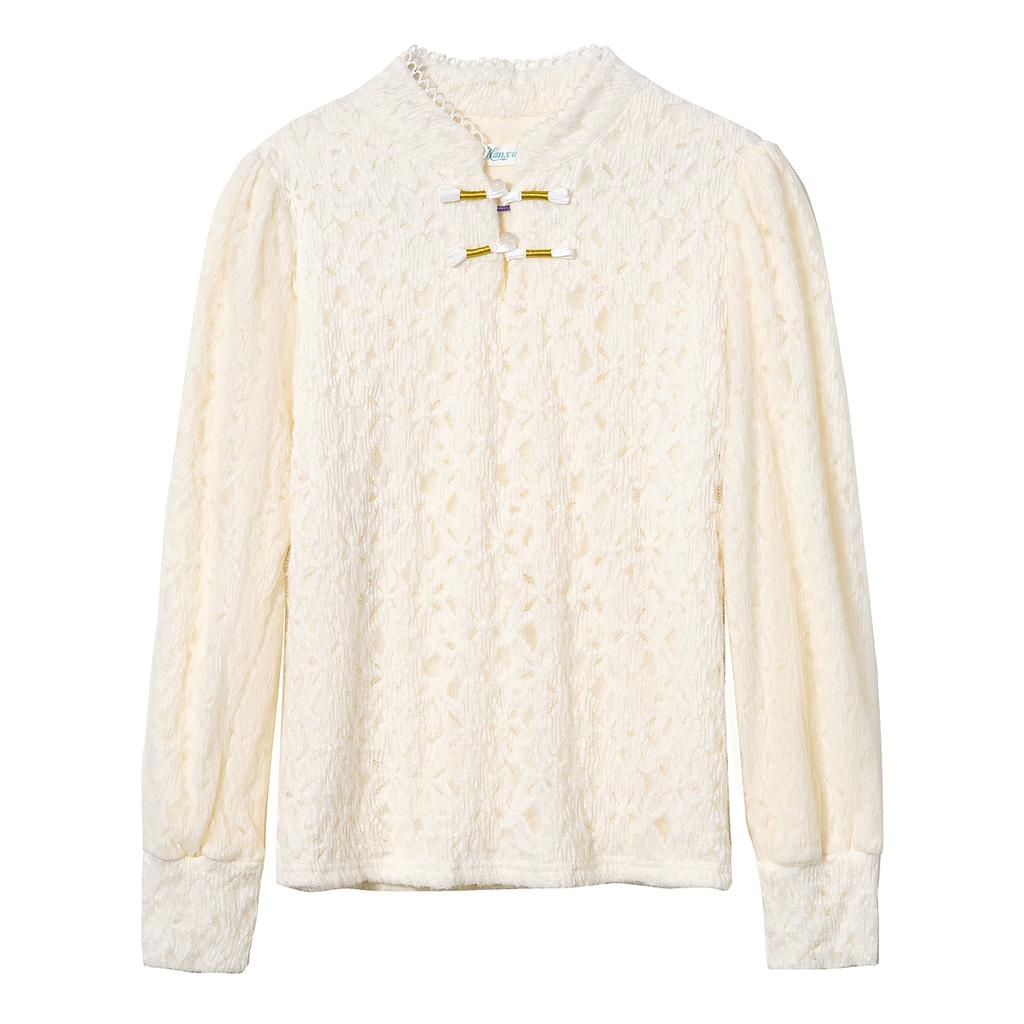 New 2024 Fashion Winter Chinese Style Long Sleeve Stand Collar Apricot Velvet Lace Blouse Shirt Women Tops Blouses Shirts J806