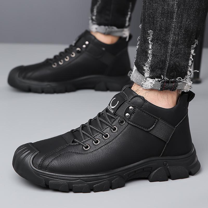 Men's shoes round head autumn and winter casual leather shoes men's velvet warm low-top cotton shoes non-slip thick-soled snow boots