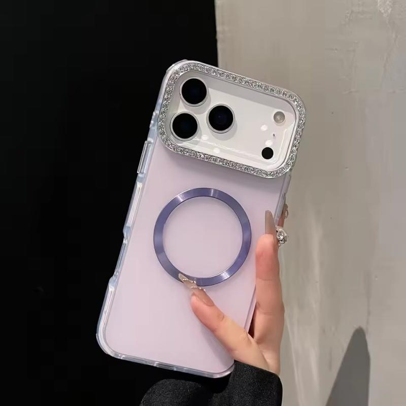 Luxury Sparkling Diamond Decorative Camera Frame Magnetic Case iPhone 17 Air 16 15 14 Plus 13 12 Pro Max 11 Shock Bumper Cover