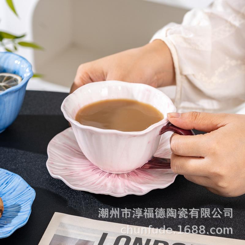 Hand-Painted Kiln Lower Color Flower Ceramic Coffee Cup And Saucer Design Sense Niche Women High Value Latte Cup