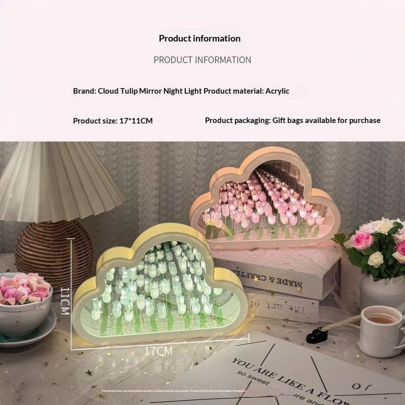Cloud Shape Tulip Night Light Diy Handmade Flower Lamp Battery Powered Mirror Decor Table Lamp For Bedroom Gift