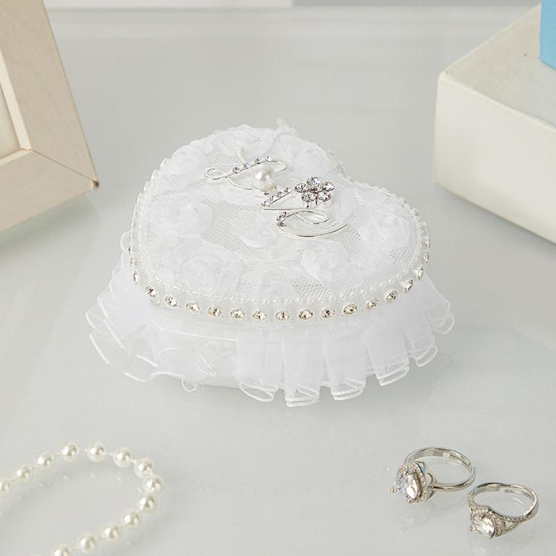 Wedding Rings Presentation Box With Lace and Heart Shape Design Rings Display Holder Case with Pillow for Formal Occasion
