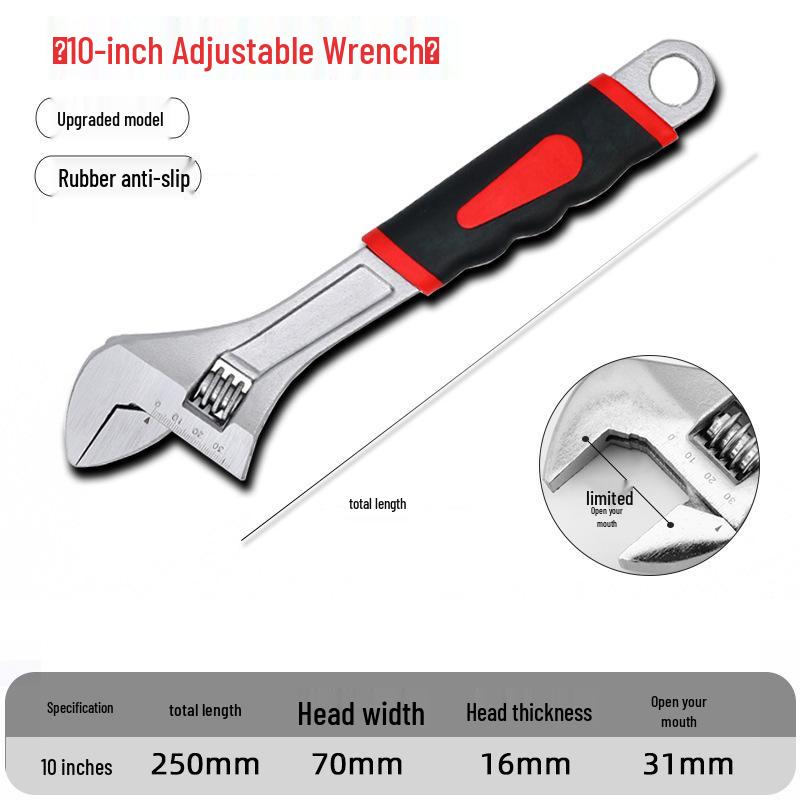 Industrial Grade Multifunctional Adjustable Wrench with Large Opening and Rubber Coating