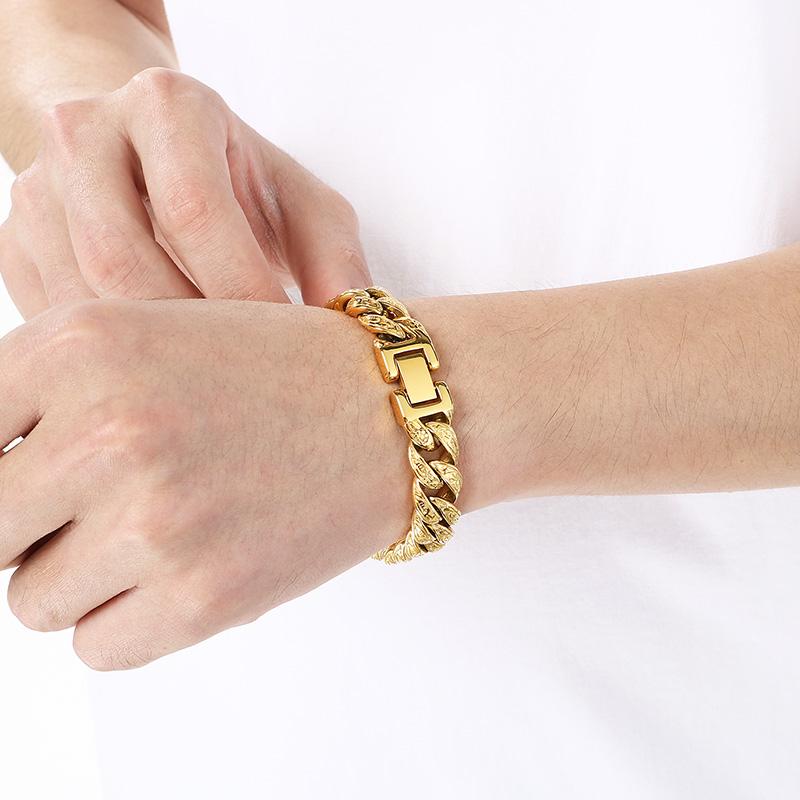 Hip Hop Stainless Steel Cuban Link Bracelet for Men Vintage Pattern Trendy Party Accessory Thick Charms Jewelry Gift for Party