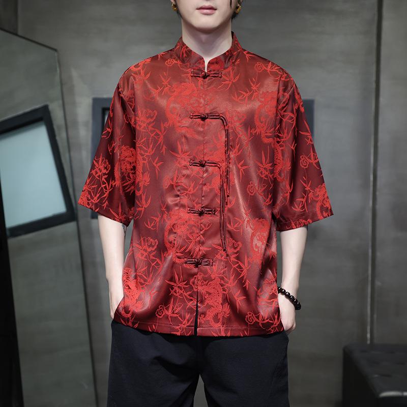 2024 Men's Chinese Style Jacquard Frog Button Tang Suit Shirt, Plus Size, Summer Casual