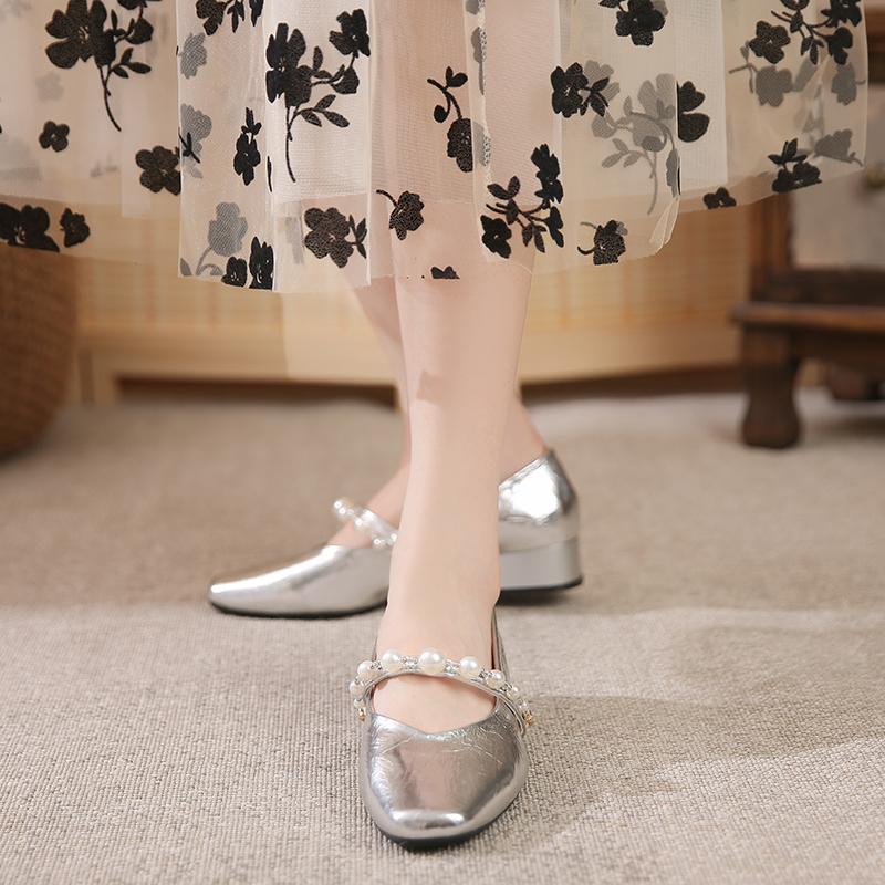 Fashion Women's Fashion Square Heel Shoes Spring New Square Head Shallow Mouth Beaded Soft Sole Non-slip Low Top Shoes