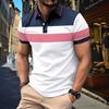 Men's Korean-Style Casual Patchwork Short-Sleeve Polo Shirt V-Neck Button Striped Versatile T-Shirt Top