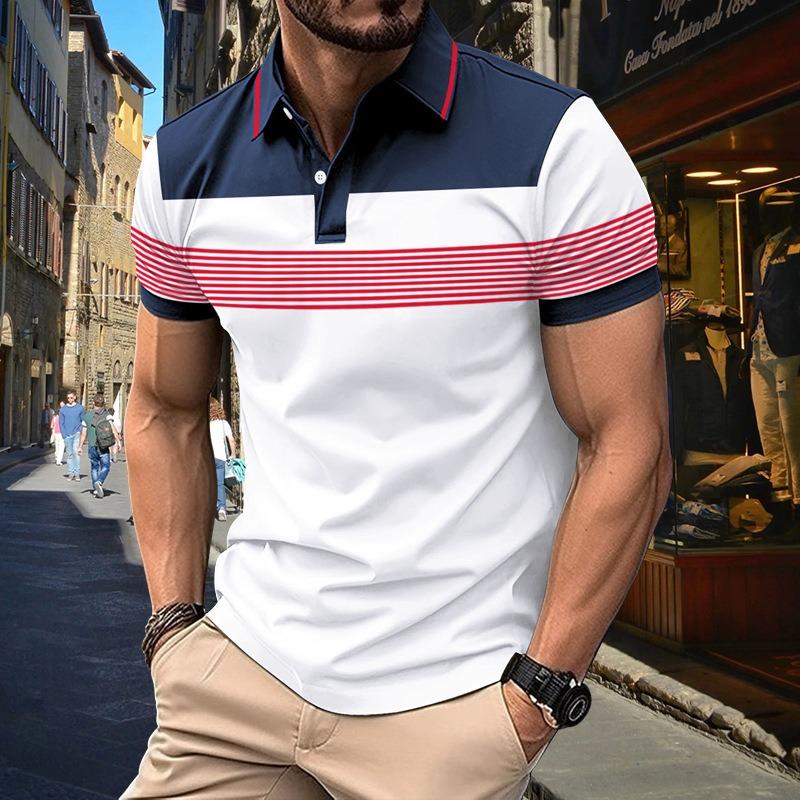 Men's Korean-Style Casual Patchwork Short-Sleeve Polo Shirt V-Neck Button Striped Versatile T-Shirt Top