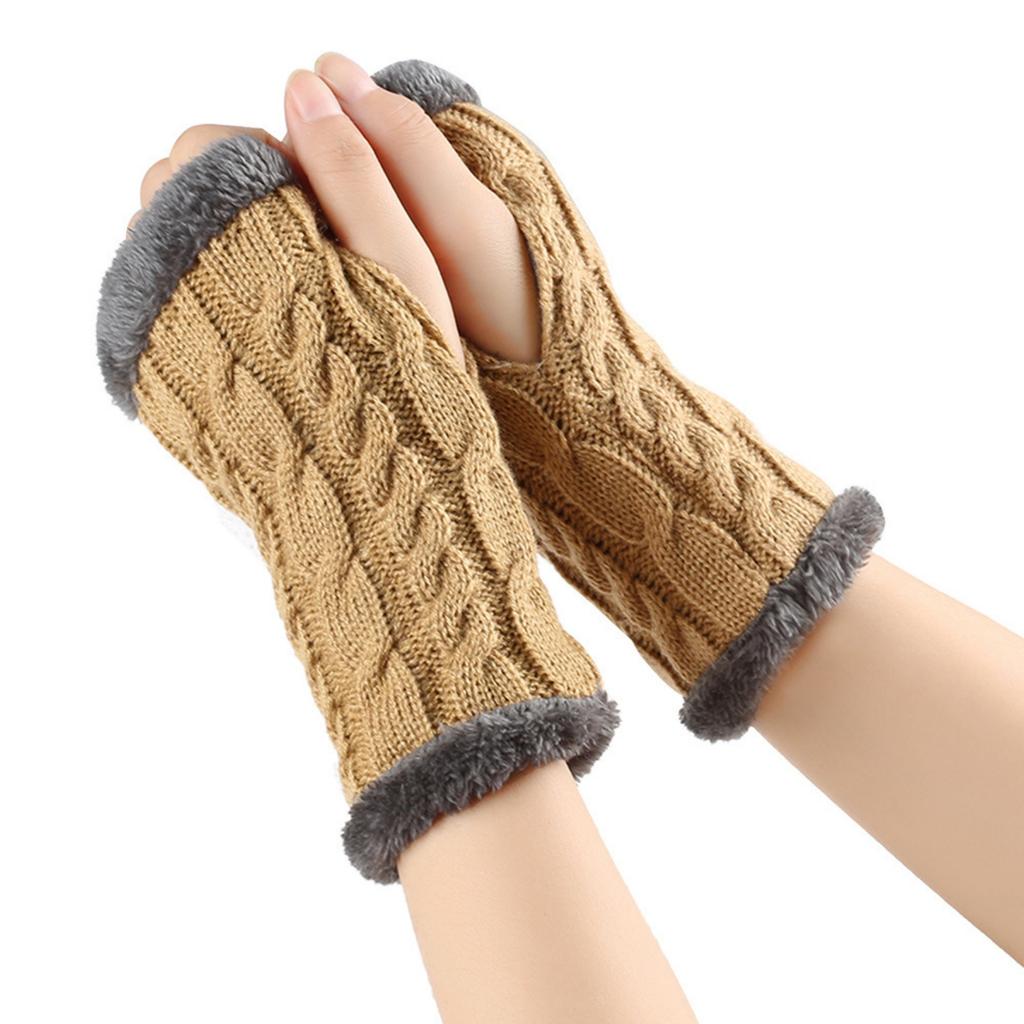 Women's Winter Warm Wool Gloves, Fingerless Twisted Knit Solid Color Short Style Gloves