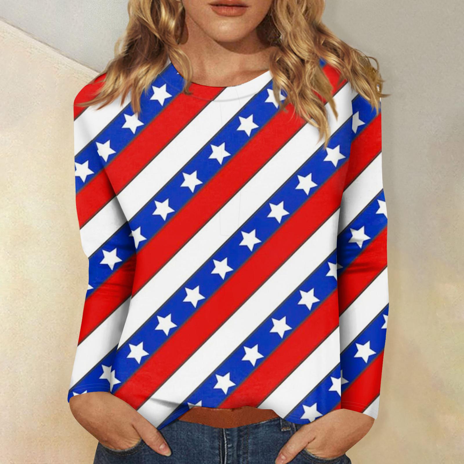 

Ladies Independence Day printed casual and fashionable round neck long sleeved pullover top XL білий