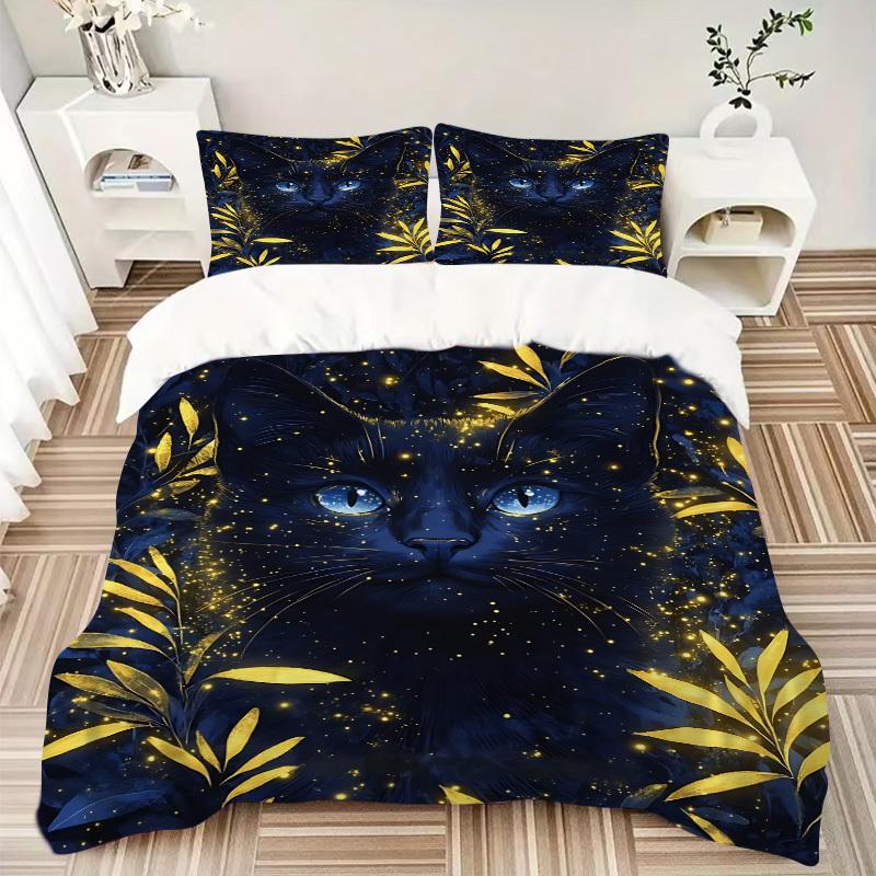 3pcs Midnight Black Cat Duvet Cover Set - Machine Washable, Includes 1 Cover and 2 Pillowcases, No Core Included Yy251013043
