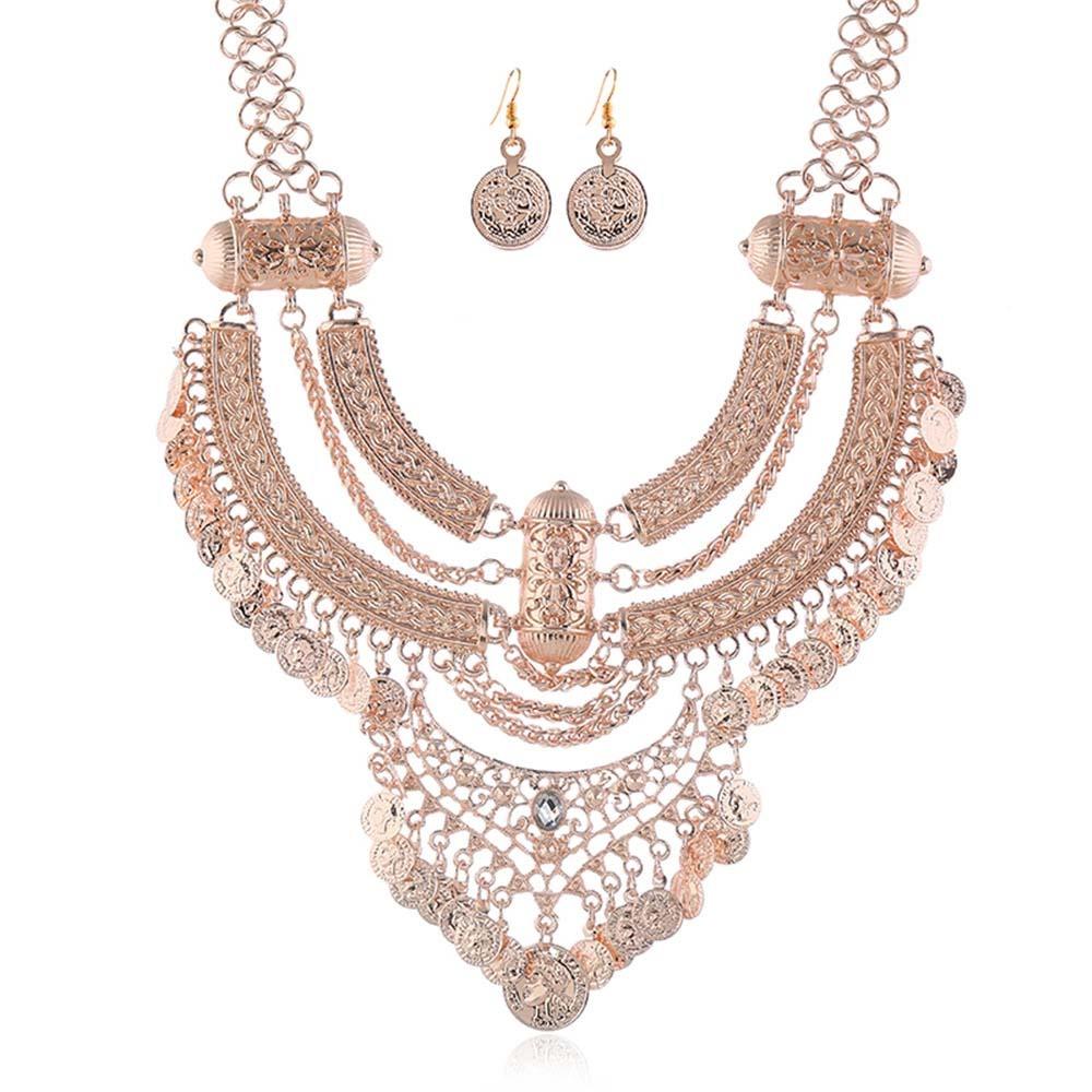 3pcs/set Golden Vintage Necklace Earnail Set Bohemian Style Coin Tassel Necklace  Banquet