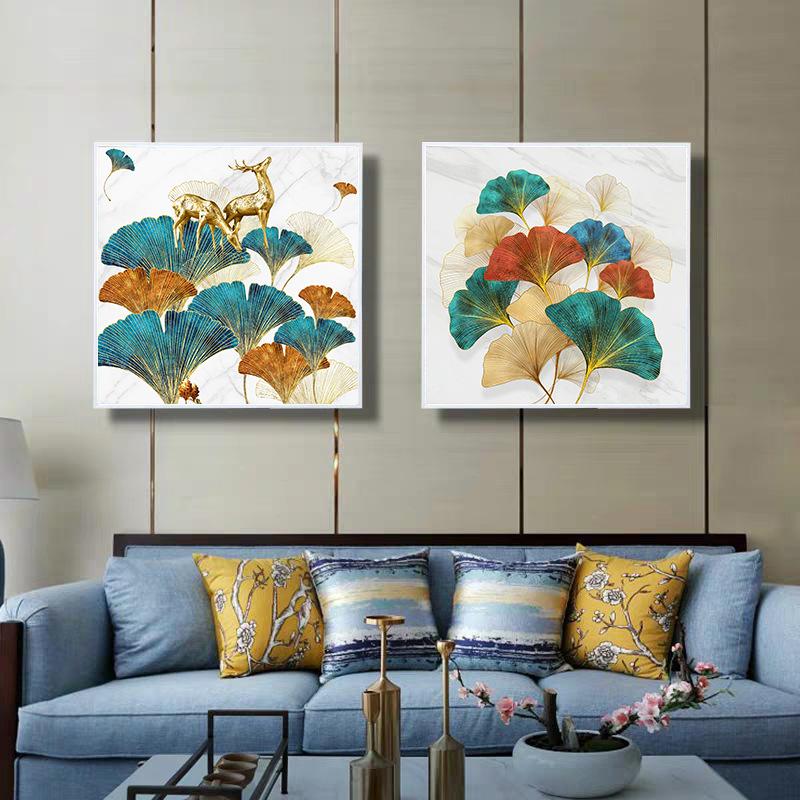Moderne bunte Blattgoldpflanze Ginkgoblatt Wohnzimmer Veranda Hintergrund Wanddekoration Malerei rahmenloses Wandbild