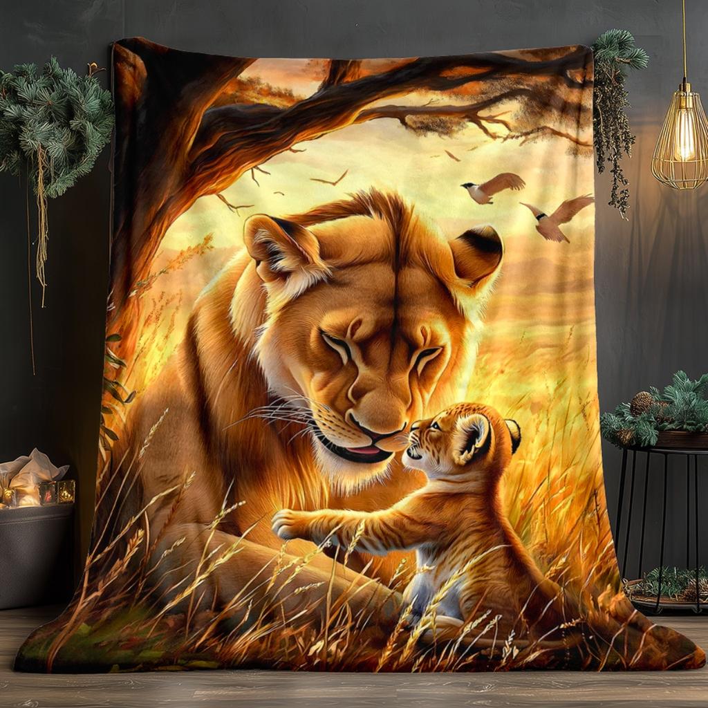 1pcLion Mother and Cub African Savanna Sunset Flannel Blanket Wild Animal Print Soft Warm Throw Blanket for Bed Living RoomDecor