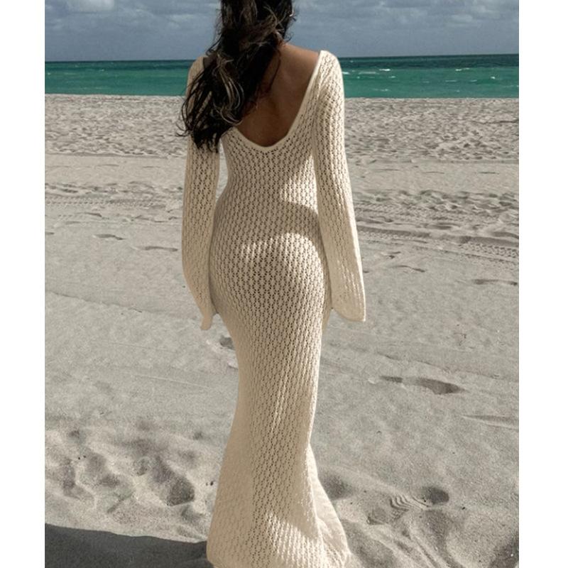 Stile Europeo e Americano Donna Estate Nuovo Texture Bucherellata Scollo a V Fibbia Rotonda Manica Lunga Vacanza Abito Lungo Spiaggia Protezione Solare Scollo a Laccio Gonna Lunga