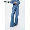 Zaprha 2025 Summer New Long Sleeve Lapel Pocket Wide Leg Adjustable Waist Denim Jumpsuit 0108022