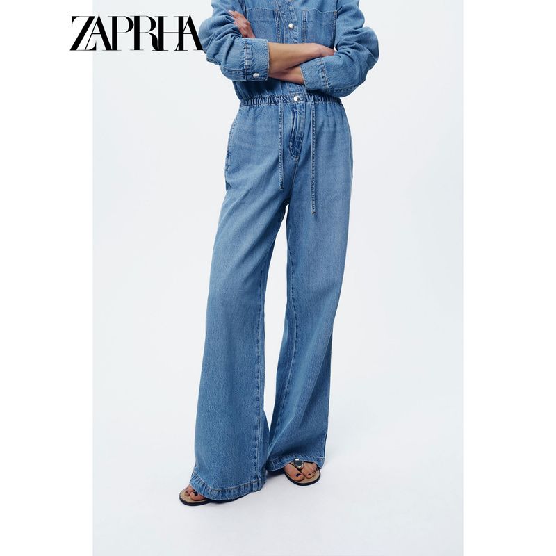 Zaprha 2025 Summer New Long Sleeve Lapel Pocket Wide Leg Adjustable Waist Denim Jumpsuit 0108022