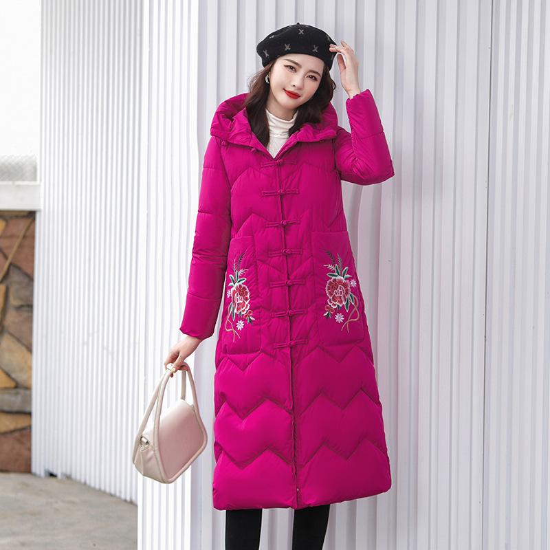 

Женская хлопковая куртка в китайском стиле 2025 новая корейская версия зимняя средней длины утолщенная этническая пуховая куртка ниже колена XXXL розы красного