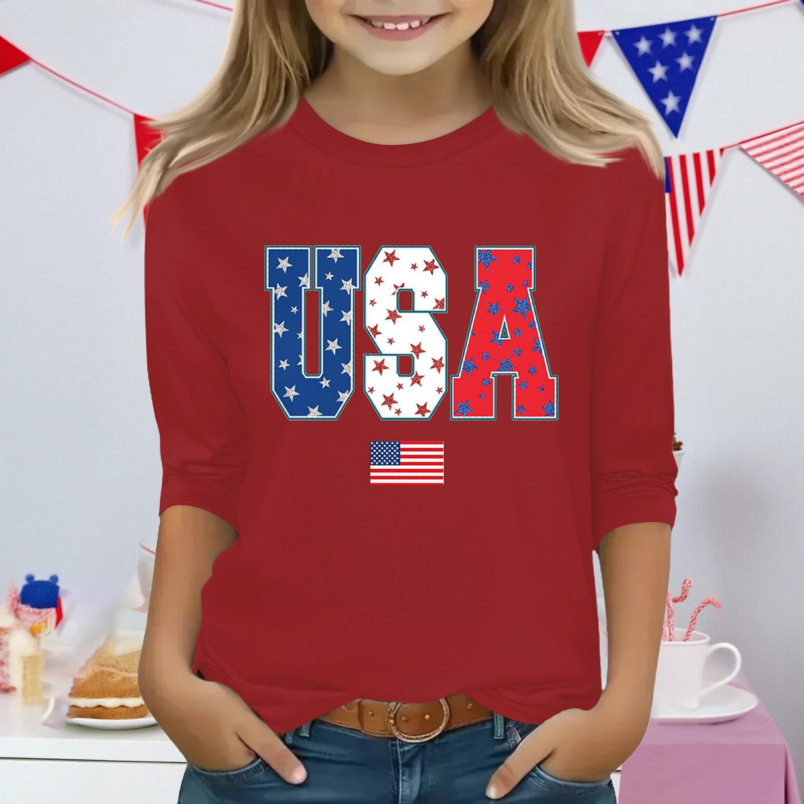 

Топы с принтом для девочек 3-10 лет с круглым вырезом и рукавами 3/4 Футболки Модные топы Наряды Футболки 150 красный