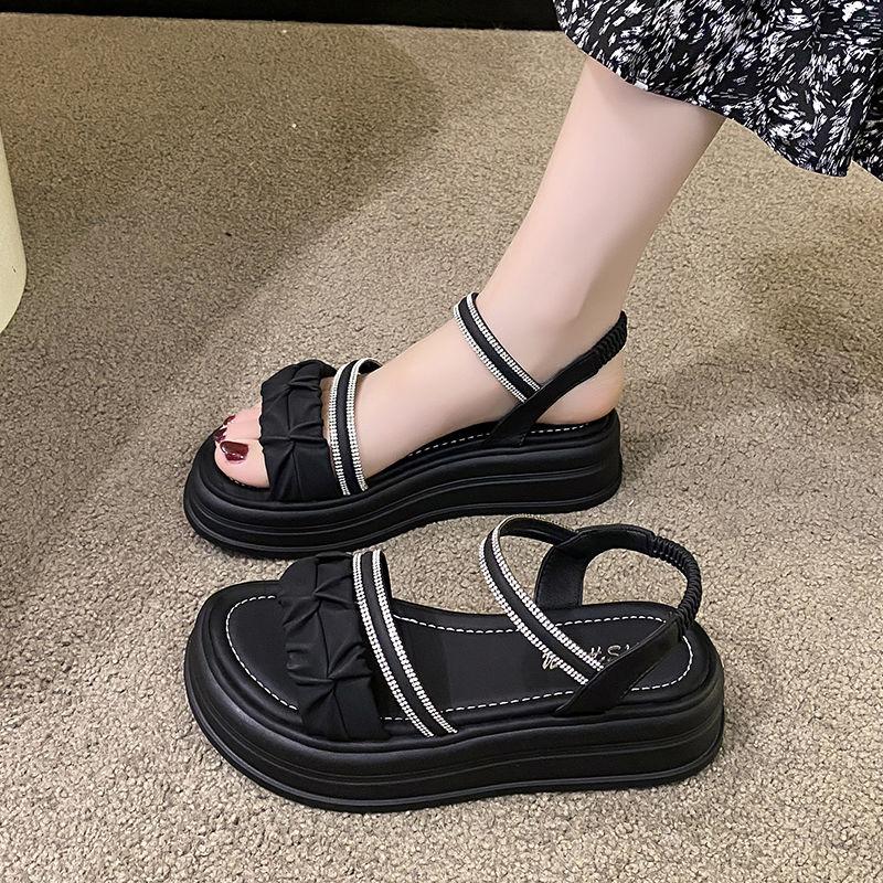 Women's Sandals Rhinestones Black Beach Platform Ladies Shoes 2025 Luxury Vintage Chic and Elegant New Breathable Fashion Vip