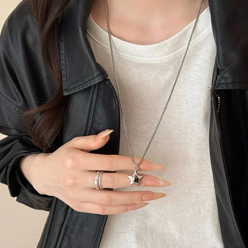 Korean Five Pointed Star Pendant Stainless Steel Necklace for Women Simple Silver Color Star Double Layer Sweater Chain Jewelry