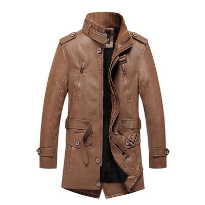 Casual Men 'S Leather Mid -Length Fashion Stand -Up Collar Jacket Plus Velvet