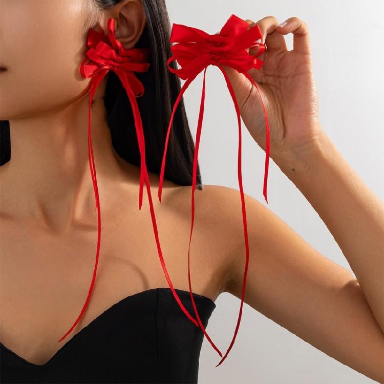 Stylish Long Ribbon Earrings Trendy Rose Knot Earrings with a Playful Long Ribbon Accent Ear Drop Accessory