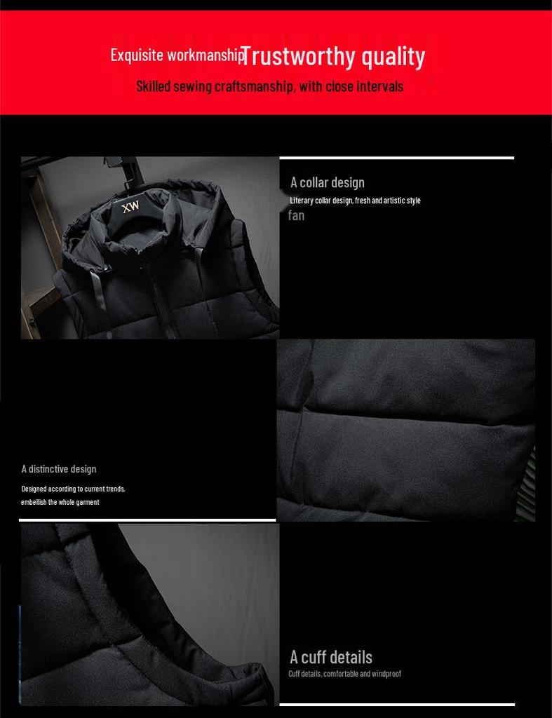 Men's Korean-Style Sleeveless Cotton Vest with Removable Hood, Warm & Trendy for Autumn and Winter.