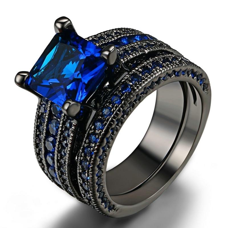 Black Gold Rhinestone Princess Cut Black Or Blue Cz Wedding Engagement Band Bridal Rings Set Size 5 -12