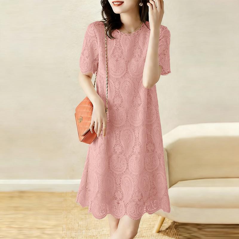 ZANZEA Vestido Casual de Mujer con Cuello Redondo y Manga Corta con Encaje Patchwork