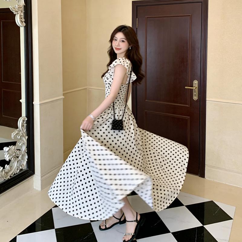 French Hollow Design Polka Dot Dress Women's Summer New Pleated Waist Thin Small Fly Sleeve Temperament Long Dress