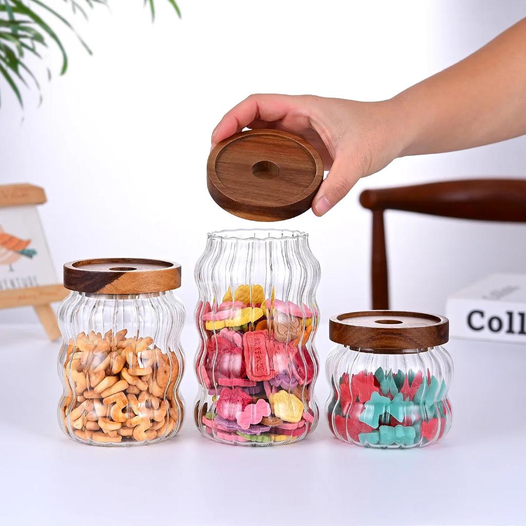 Wood Lid Striped Glass Airtight Canister Kitchen Storage Bottles Jar Sealed Food Biscuits Container Ginger Cereal Dispenser Set