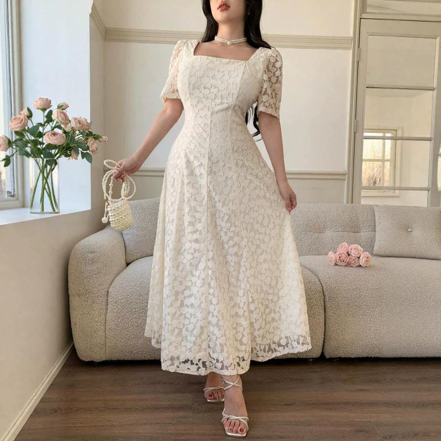 2026 European and American women's clothing women's tulip pattern square collar short-sleeved medium and long skirt summer banquet
